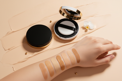 Velvet Glow Cushion Foundation - flat lay editorial with shade swatches