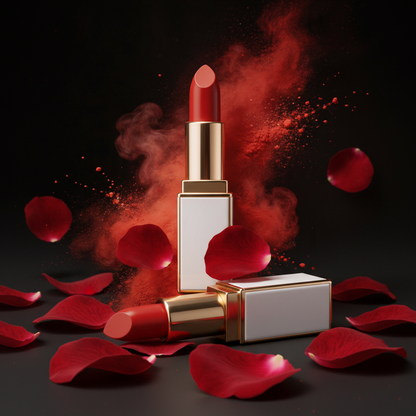 Scarlet Luxe Satin Lipstick - flat lay with rose petals
