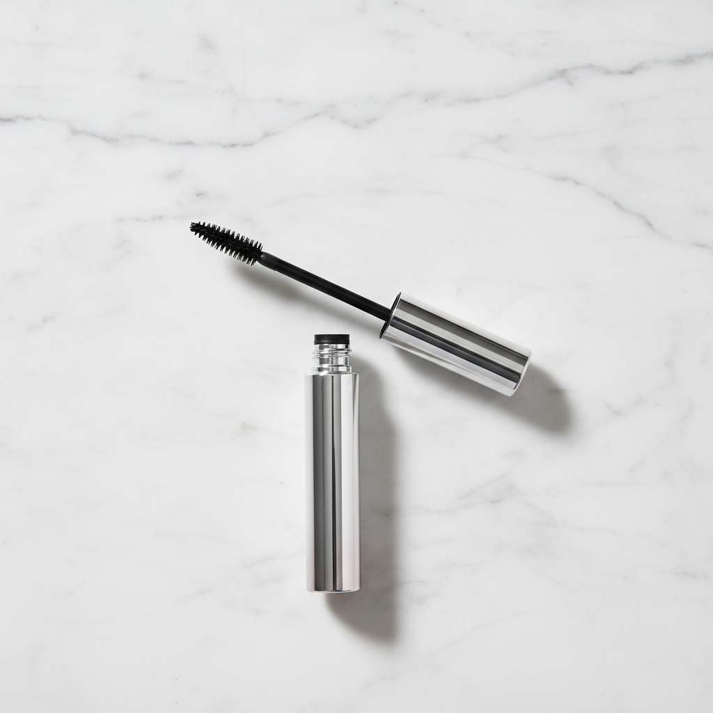 Noir Amplify Mascara - overhead top view showing open tube and brush