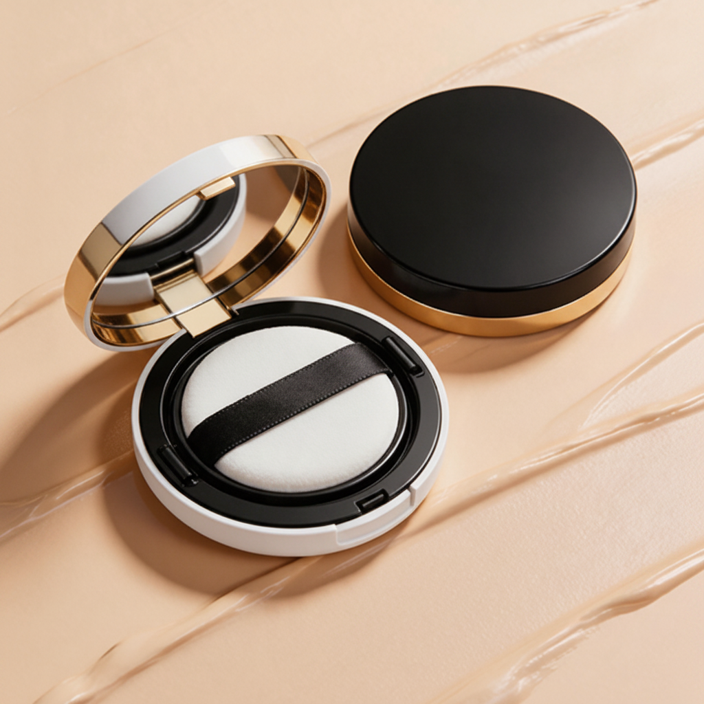 Velvet Glow Cushion Foundation - top view showing open compact with puff applicator