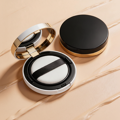 Velvet Glow Cushion Foundation - top view showing open compact with puff applicator